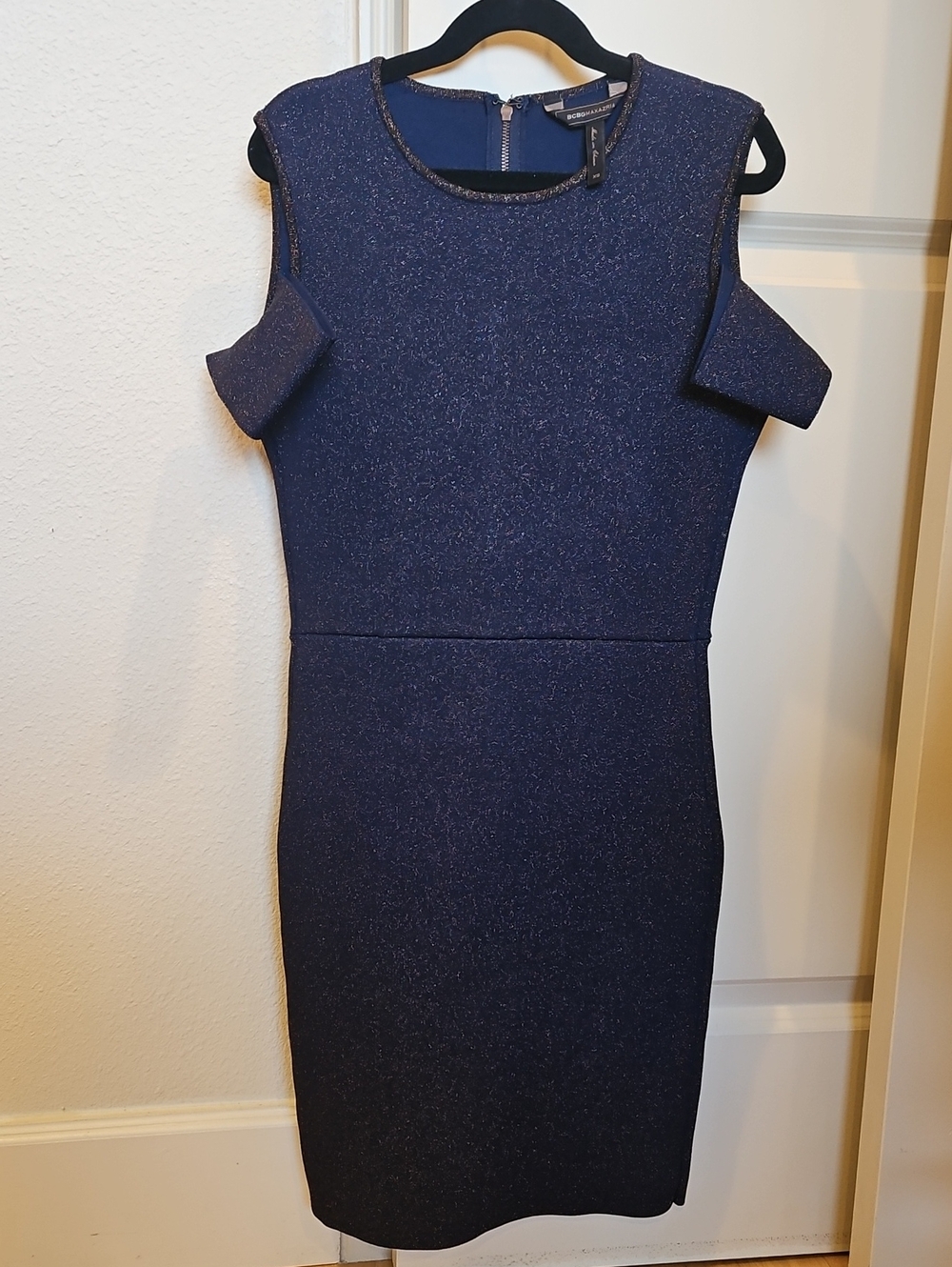 BCBGMaxAzria Navy Sparkle Cold-Shoulder Bandage Dress
